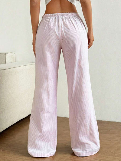 Flirla Pink Cotton Drawstring Waist Straight Leg Pants, Fashion Casual Home Wear For Women, Spring