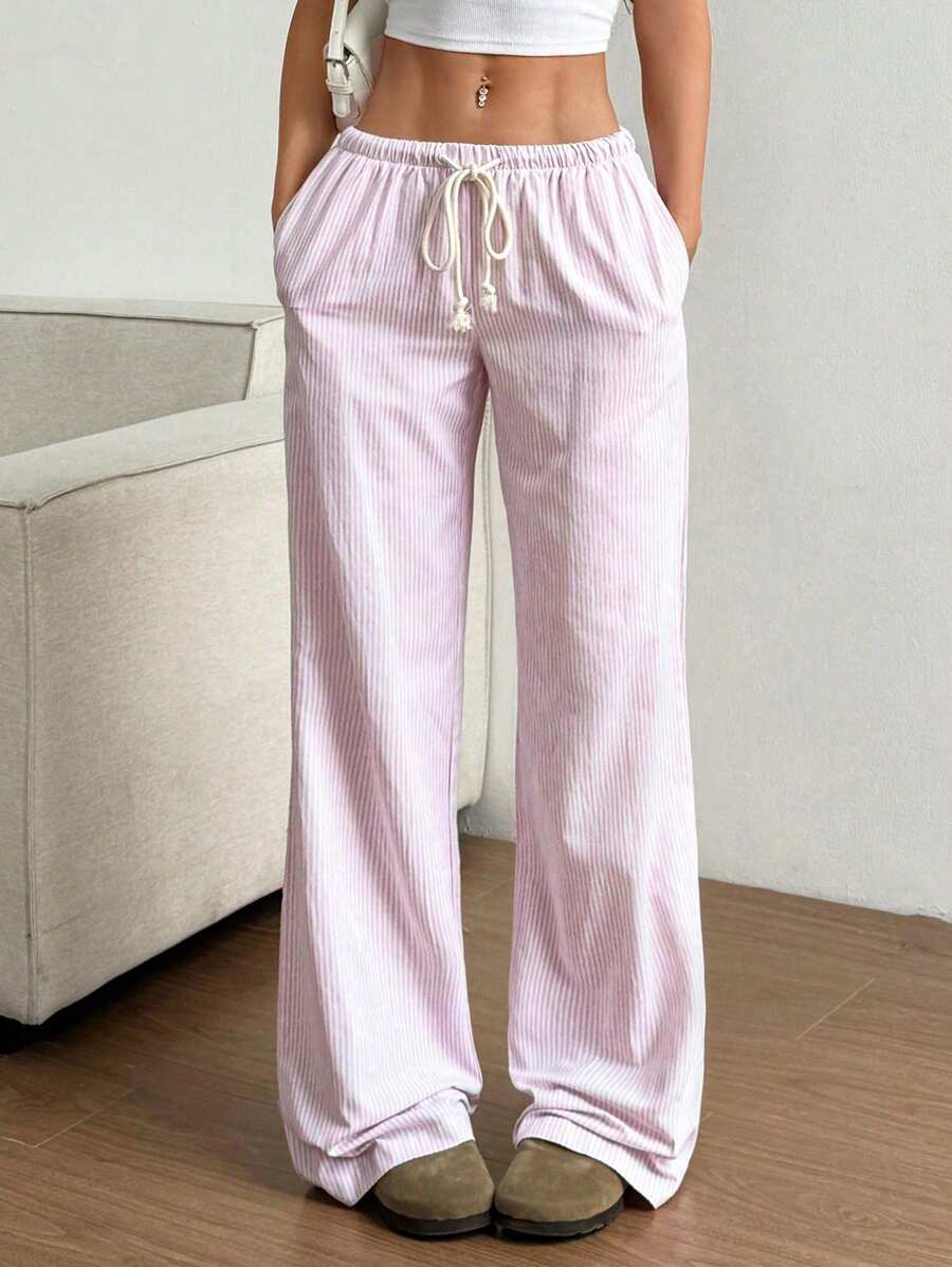 Flirla Pink Cotton Drawstring Waist Straight Leg Pants, Fashion Casual Home Wear For Women, Spring