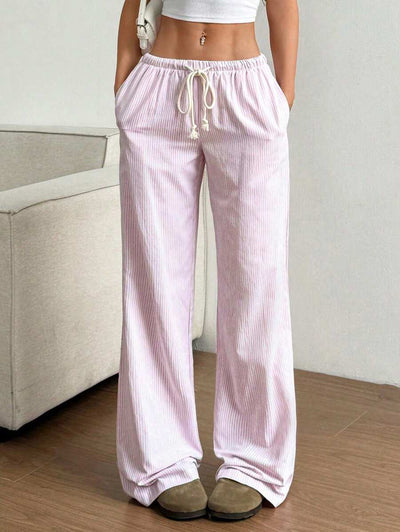 Flirla Pink Cotton Drawstring Waist Straight Leg Pants, Fashion Casual Home Wear For Women, Spring
