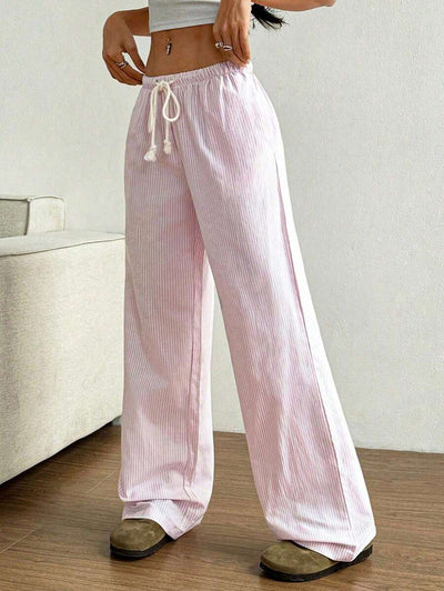 Flirla Pink Cotton Drawstring Waist Straight Leg Pants, Fashion Casual Home Wear For Women, Spring
