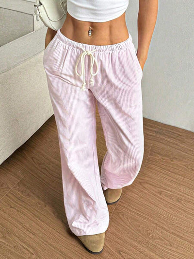 Flirla Pink Cotton Drawstring Waist Straight Leg Pants, Fashion Casual Home Wear For Women, Spring