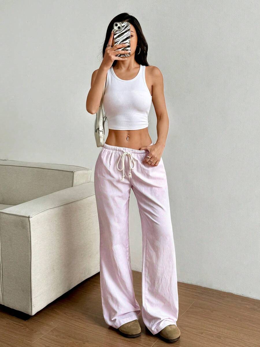 Flirla Pink Cotton Drawstring Waist Straight Leg Pants, Fashion Casual Home Wear For Women, Spring