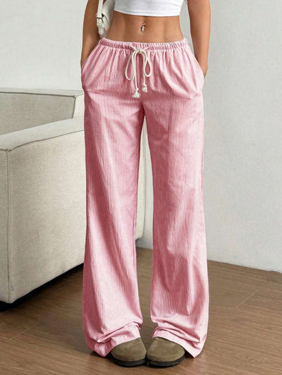 Flirla Pink Cotton Drawstring Waist Straight Leg Pants, Fashion Casual Home Wear For Women, Spring