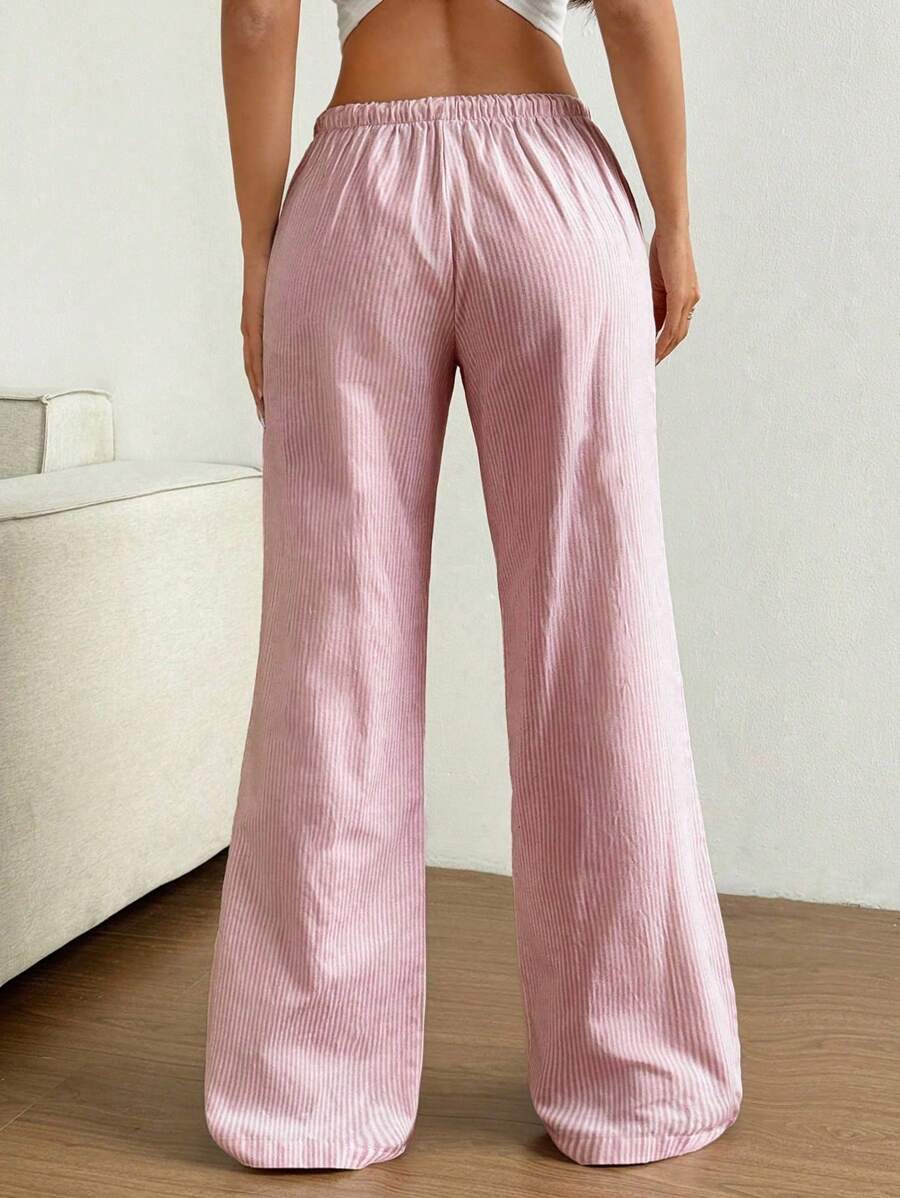 Flirla Pink Cotton Drawstring Waist Straight Leg Pants, Fashion Casual Home Wear For Women, Spring