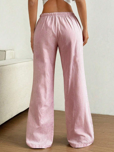 Flirla Pink Cotton Drawstring Waist Straight Leg Pants, Fashion Casual Home Wear For Women, Spring