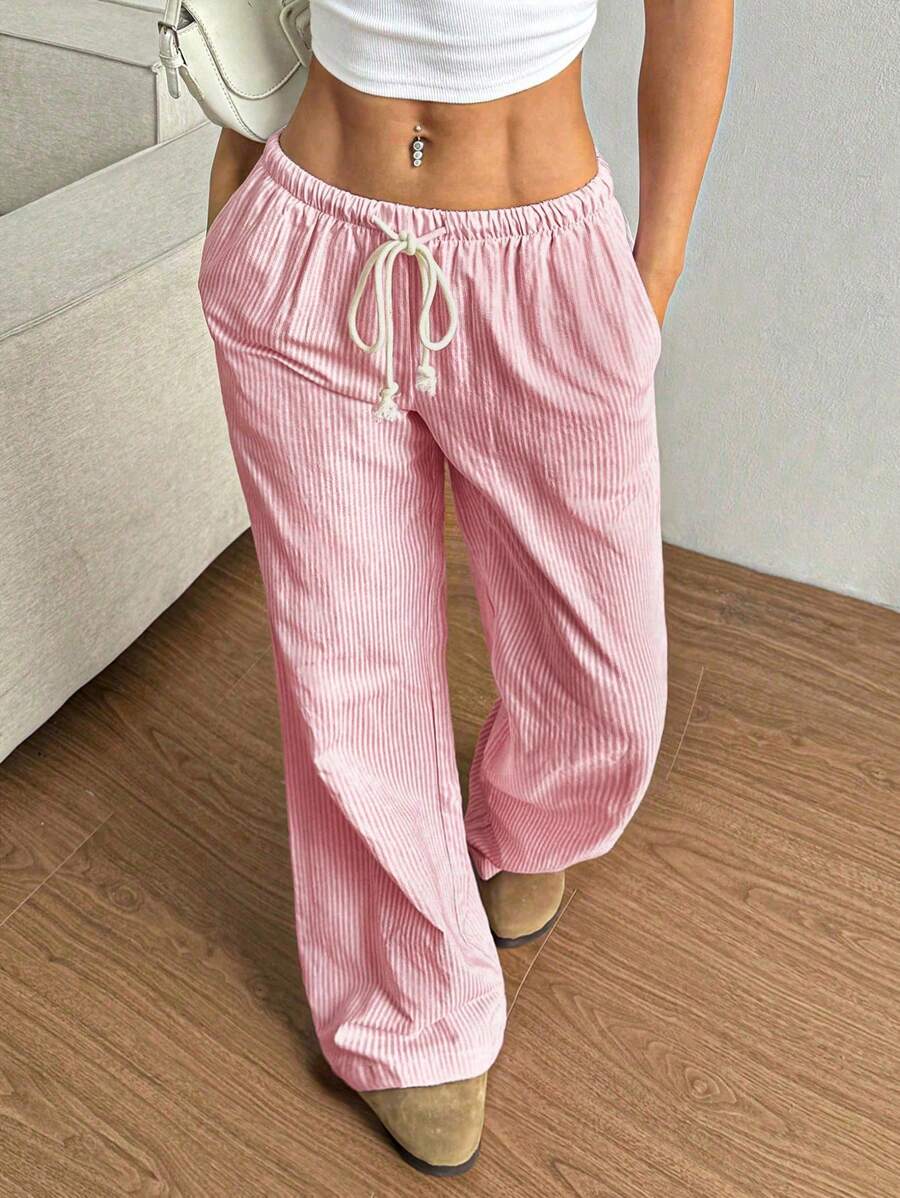 Flirla Pink Cotton Drawstring Waist Straight Leg Pants, Fashion Casual Home Wear For Women, Spring