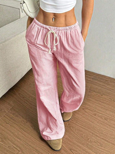 Flirla Pink Cotton Drawstring Waist Straight Leg Pants, Fashion Casual Home Wear For Women, Spring