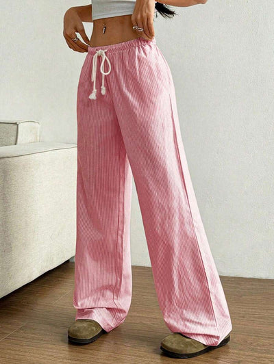 Flirla Pink Cotton Drawstring Waist Straight Leg Pants, Fashion Casual Home Wear For Women, Spring