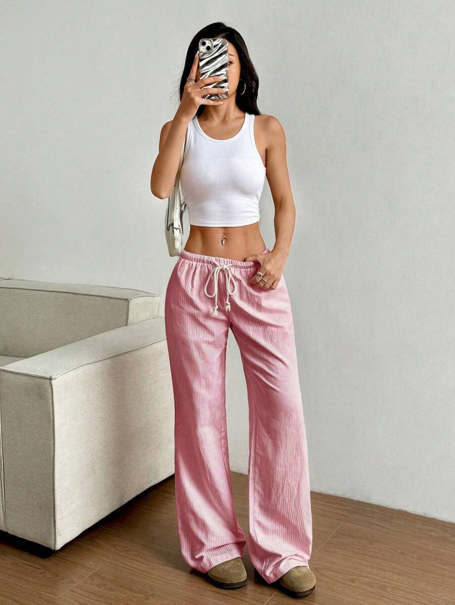 Flirla Pink Cotton Drawstring Waist Straight Leg Pants, Fashion Casual Home Wear For Women, Spring