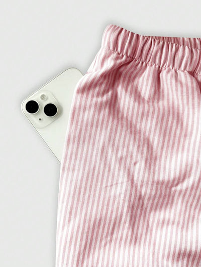 Flirla Pink Cotton Drawstring Waist Straight Leg Pants, Fashion Casual Home Wear For Women, Spring