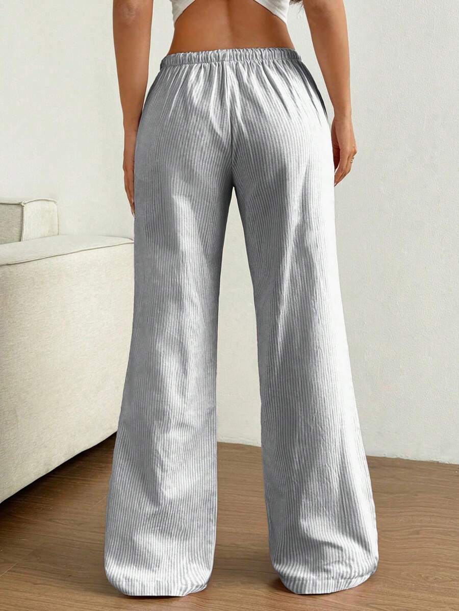 Flirla Pink Cotton Drawstring Waist Straight Leg Pants, Fashion Casual Home Wear For Women, Spring