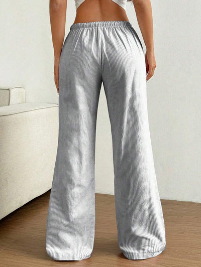 Flirla Pink Cotton Drawstring Waist Straight Leg Pants, Fashion Casual Home Wear For Women, Spring