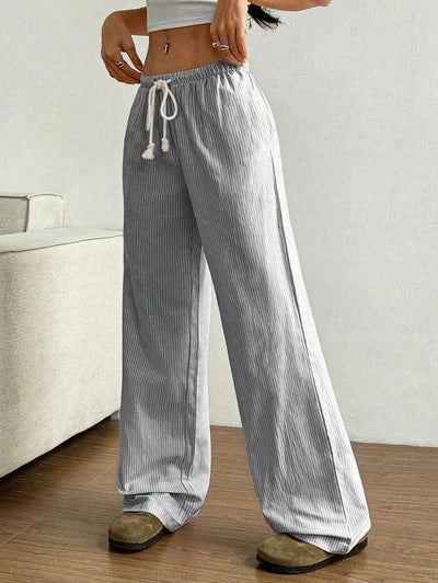 Flirla Pink Cotton Drawstring Waist Straight Leg Pants, Fashion Casual Home Wear For Women, Spring
