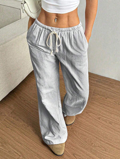 Flirla Pink Cotton Drawstring Waist Straight Leg Pants, Fashion Casual Home Wear For Women, Spring