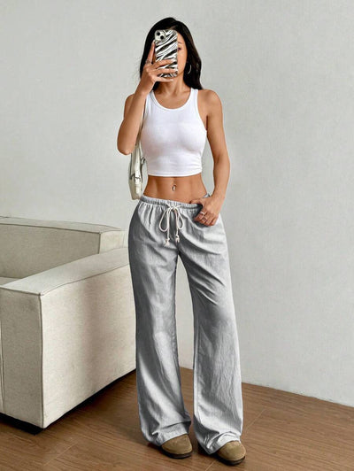 Flirla Pink Cotton Drawstring Waist Straight Leg Pants, Fashion Casual Home Wear For Women, Spring