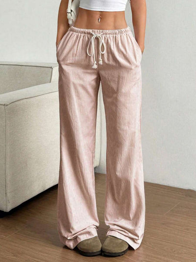 Flirla Pink Cotton Drawstring Waist Straight Leg Pants, Fashion Casual Home Wear For Women, Spring