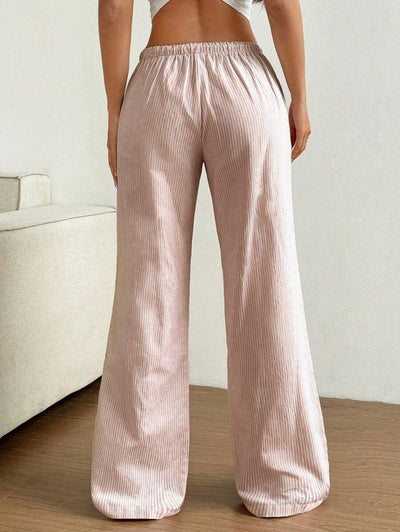 Flirla Pink Cotton Drawstring Waist Straight Leg Pants, Fashion Casual Home Wear For Women, Spring