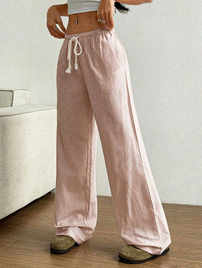Flirla Pink Cotton Drawstring Waist Straight Leg Pants, Fashion Casual Home Wear For Women, Spring