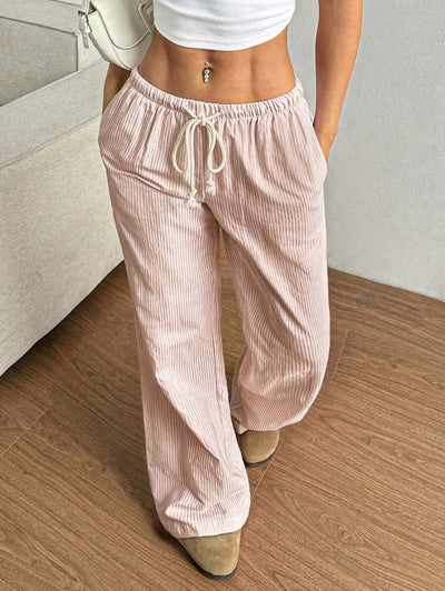 Flirla Pink Cotton Drawstring Waist Straight Leg Pants, Fashion Casual Home Wear For Women, Spring