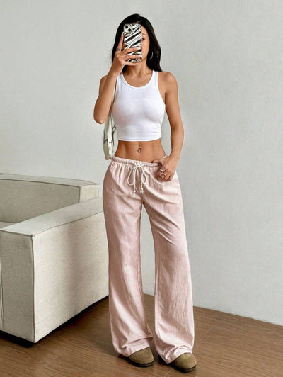 Flirla Pink Cotton Drawstring Waist Straight Leg Pants, Fashion Casual Home Wear For Women, Spring