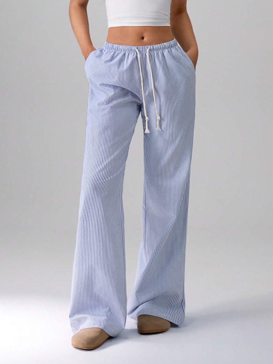 Flirla Pink Cotton Drawstring Waist Straight Leg Pants, Fashion Casual Home Wear For Women, Spring