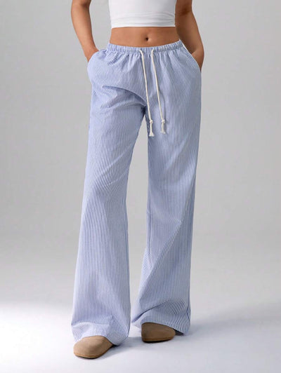 Flirla Pink Cotton Drawstring Waist Straight Leg Pants, Fashion Casual Home Wear For Women, Spring