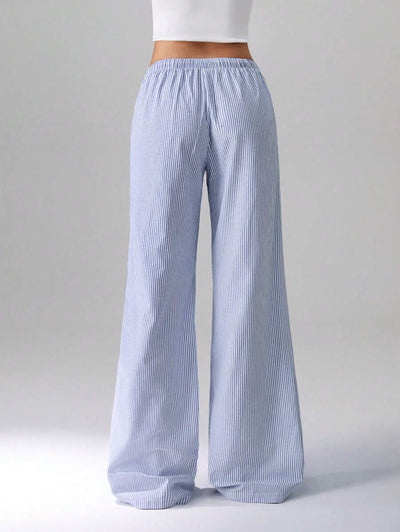 Flirla Pink Cotton Drawstring Waist Straight Leg Pants, Fashion Casual Home Wear For Women, Spring