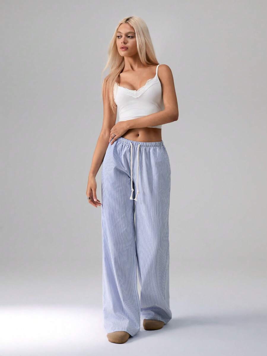 Flirla Pink Cotton Drawstring Waist Straight Leg Pants, Fashion Casual Home Wear For Women, Spring