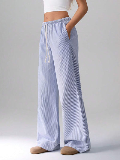 Flirla Pink Cotton Drawstring Waist Straight Leg Pants, Fashion Casual Home Wear For Women, Spring