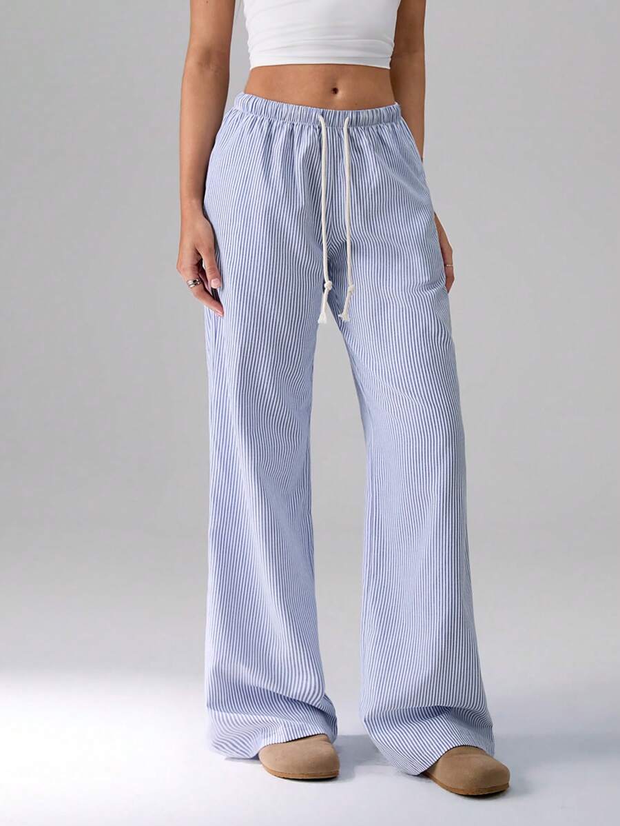 Flirla Pink Cotton Drawstring Waist Straight Leg Pants, Fashion Casual Home Wear For Women, Spring