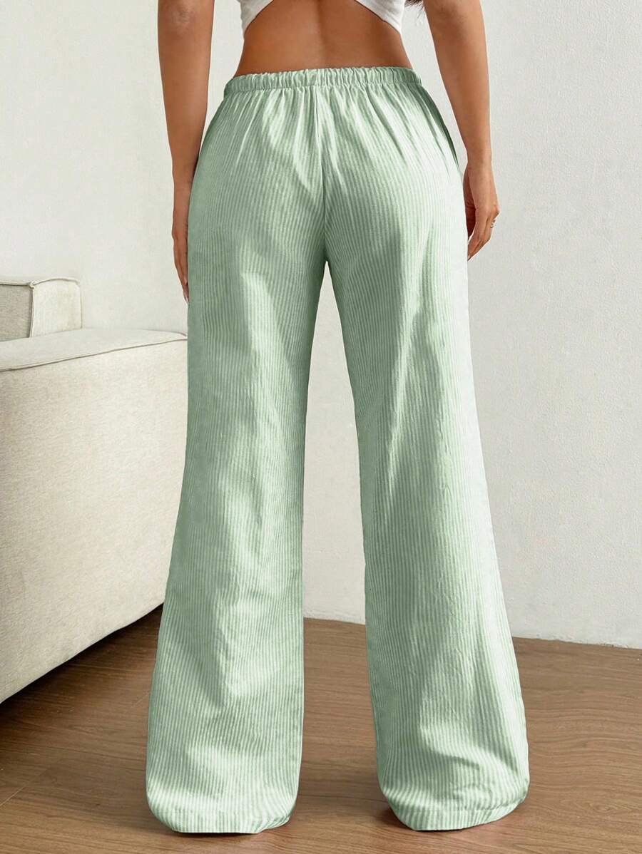 Flirla Pink Cotton Drawstring Waist Straight Leg Pants, Fashion Casual Home Wear For Women, Spring