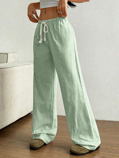 Flirla Pink Cotton Drawstring Waist Straight Leg Pants, Fashion Casual Home Wear For Women, Spring