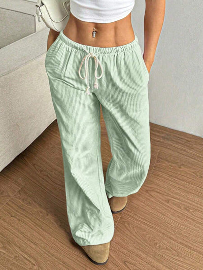 Flirla Pink Cotton Drawstring Waist Straight Leg Pants, Fashion Casual Home Wear For Women, Spring