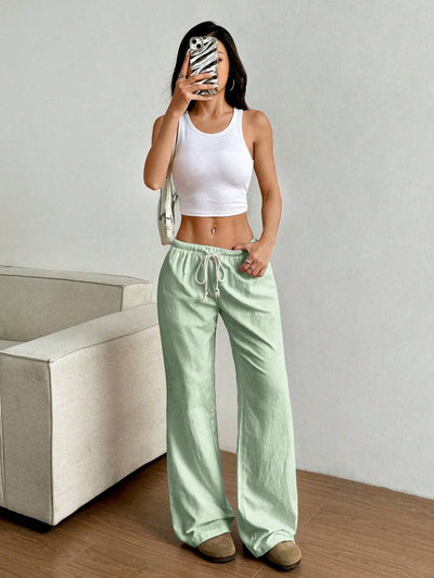 Flirla Pink Cotton Drawstring Waist Straight Leg Pants, Fashion Casual Home Wear For Women, Spring