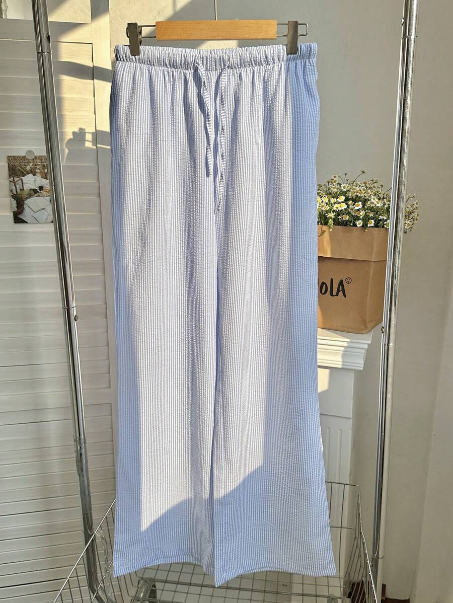 Flirla Pink Cotton Drawstring Waist Straight Leg Pants, Fashion Casual Home Wear For Women, Spring