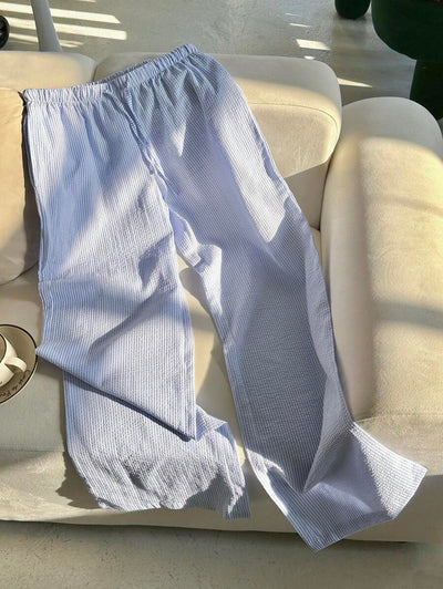 Flirla Pink Cotton Drawstring Waist Straight Leg Pants, Fashion Casual Home Wear For Women, Spring