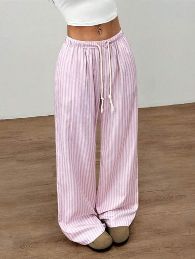 Flirla Pink Cotton Drawstring Waist Straight Leg Pants, Fashion Casual Home Wear For Women, Spring