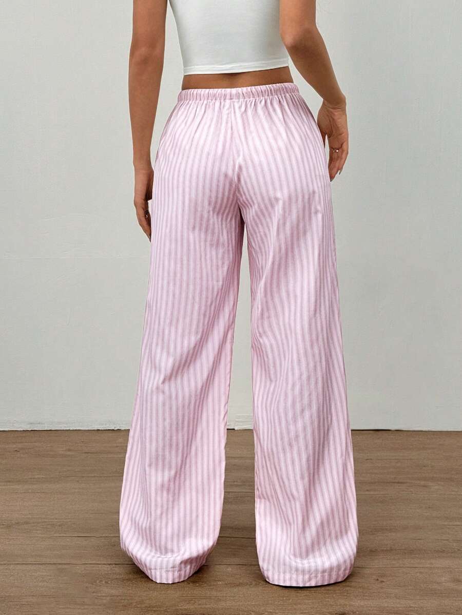 Flirla Pink Cotton Drawstring Waist Straight Leg Pants, Fashion Casual Home Wear For Women, Spring