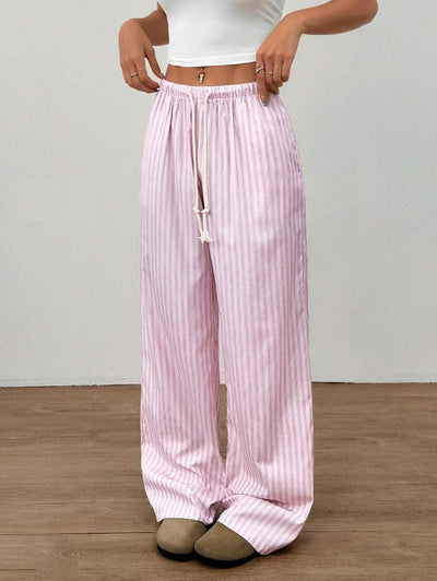 Flirla Pink Cotton Drawstring Waist Straight Leg Pants, Fashion Casual Home Wear For Women, Spring