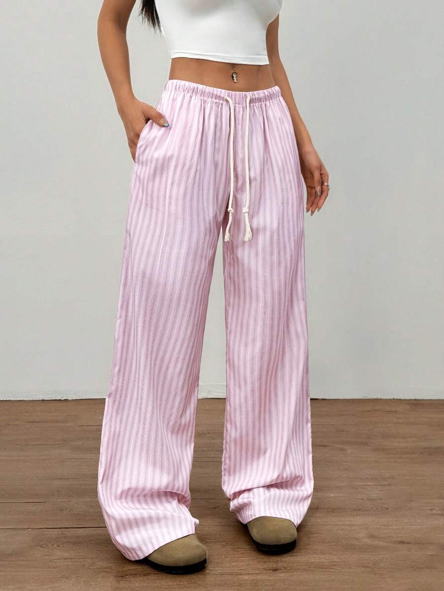 Flirla Pink Cotton Drawstring Waist Straight Leg Pants, Fashion Casual Home Wear For Women, Spring