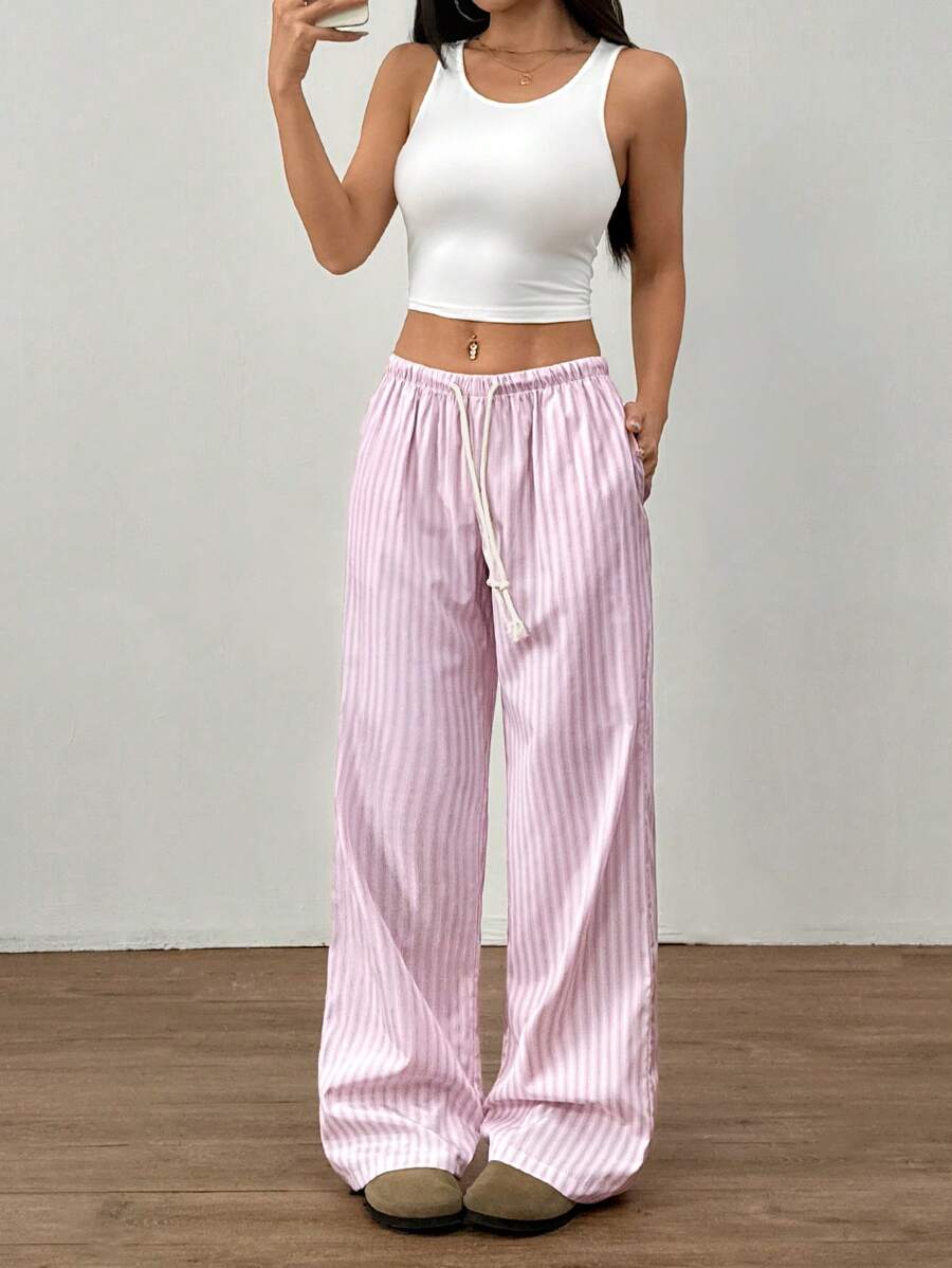 Flirla Pink Cotton Drawstring Waist Straight Leg Pants, Fashion Casual Home Wear For Women, Spring