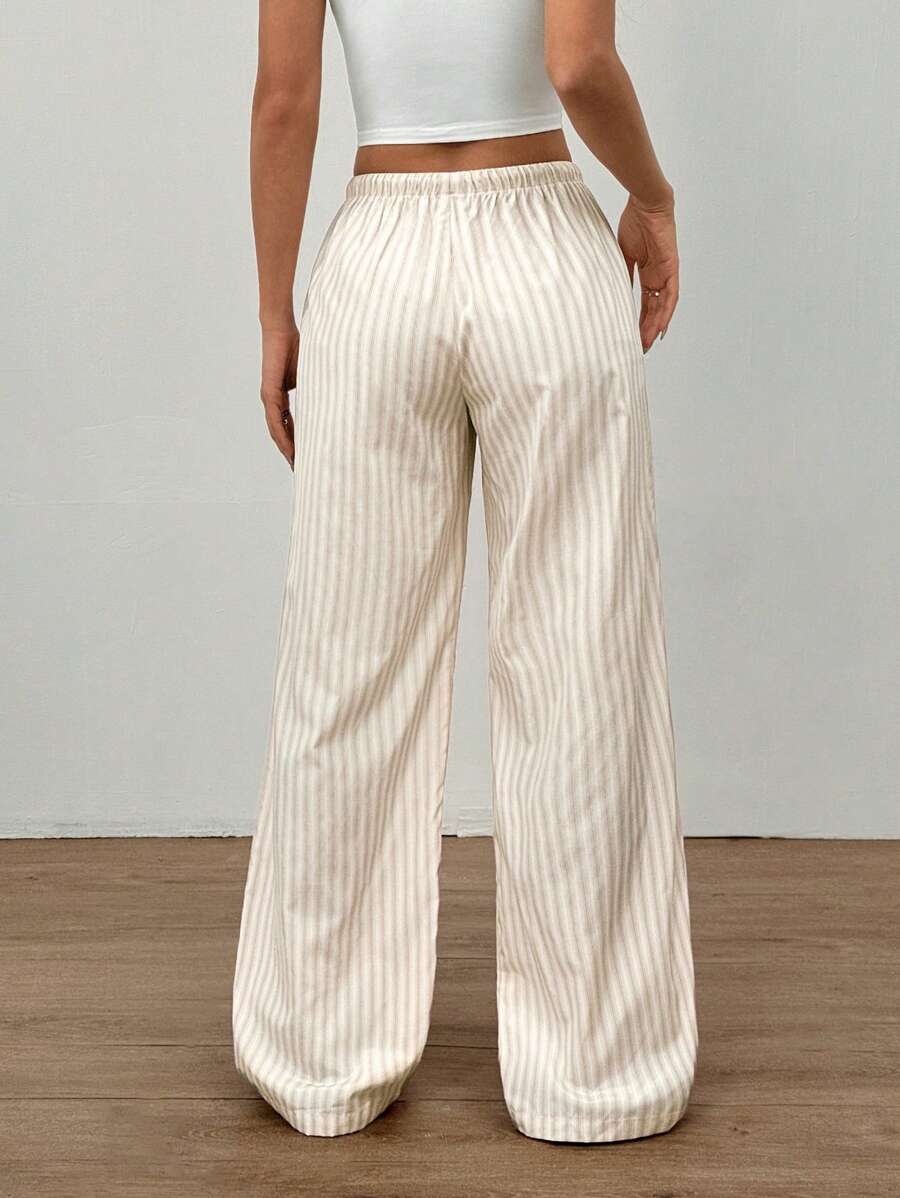 Flirla Pink Cotton Drawstring Waist Straight Leg Pants, Fashion Casual Home Wear For Women, Spring