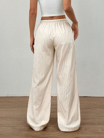 Flirla Pink Cotton Drawstring Waist Straight Leg Pants, Fashion Casual Home Wear For Women, Spring