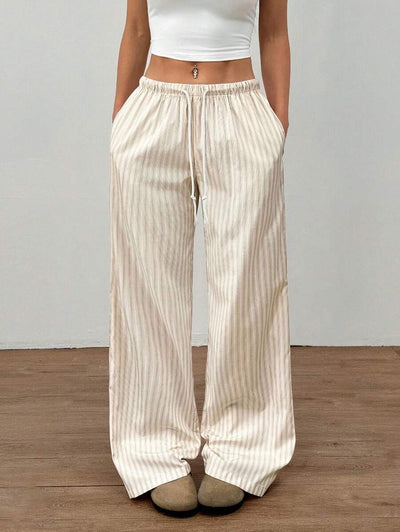 Flirla Pink Cotton Drawstring Waist Straight Leg Pants, Fashion Casual Home Wear For Women, Spring