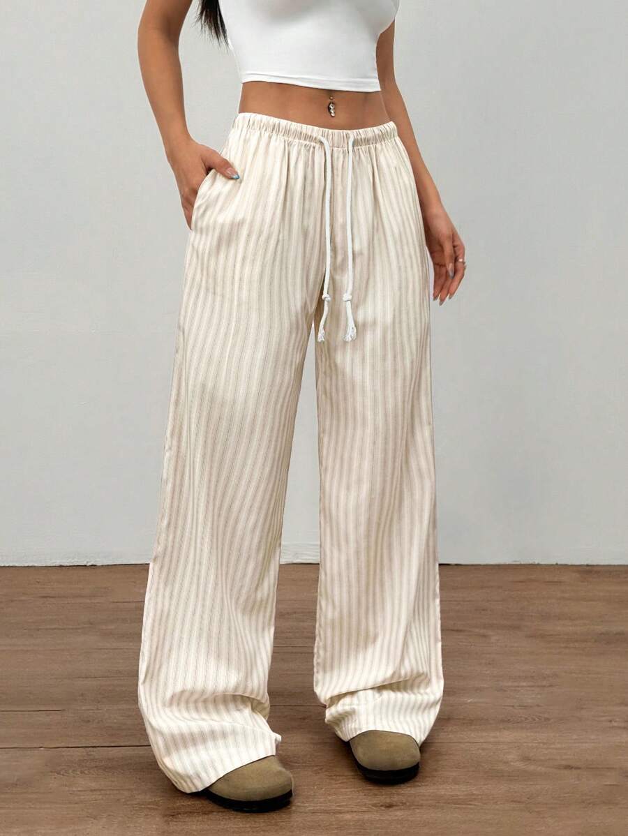 Flirla Pink Cotton Drawstring Waist Straight Leg Pants, Fashion Casual Home Wear For Women, Spring