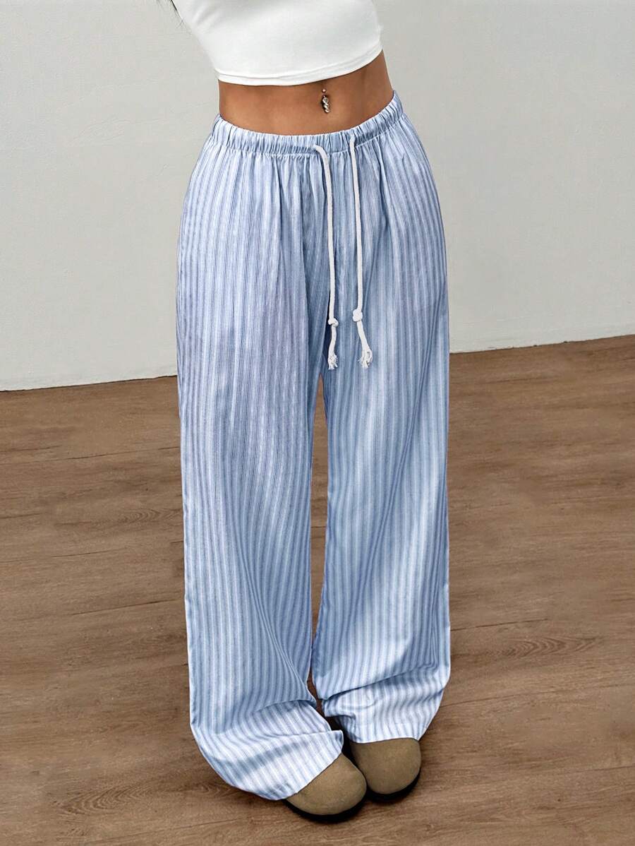 Flirla Pink Cotton Drawstring Waist Straight Leg Pants, Fashion Casual Home Wear For Women, Spring