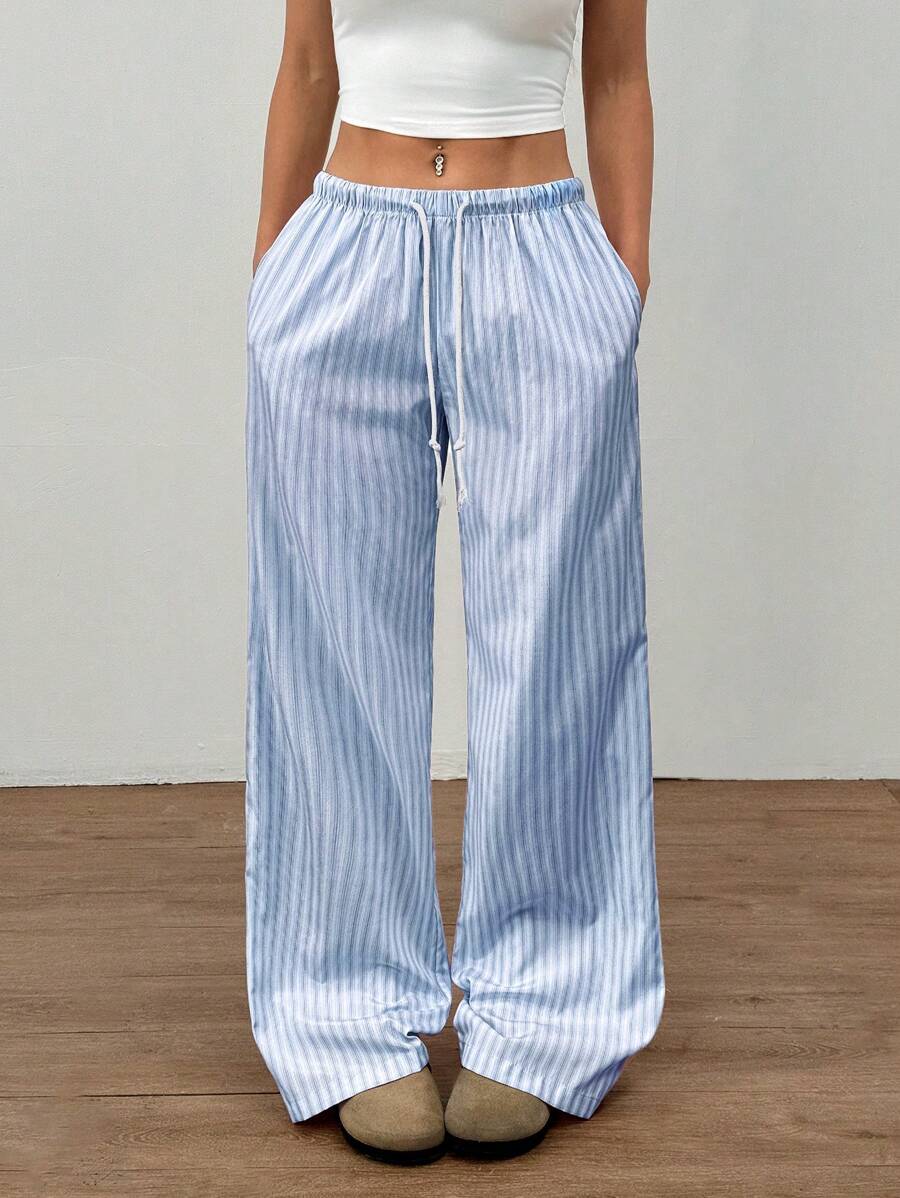 Flirla Pink Cotton Drawstring Waist Straight Leg Pants, Fashion Casual Home Wear For Women, Spring