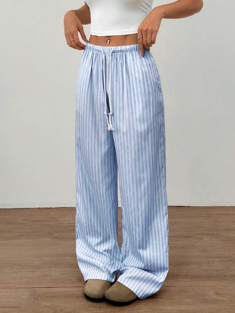 Flirla Pink Cotton Drawstring Waist Straight Leg Pants, Fashion Casual Home Wear For Women, Spring