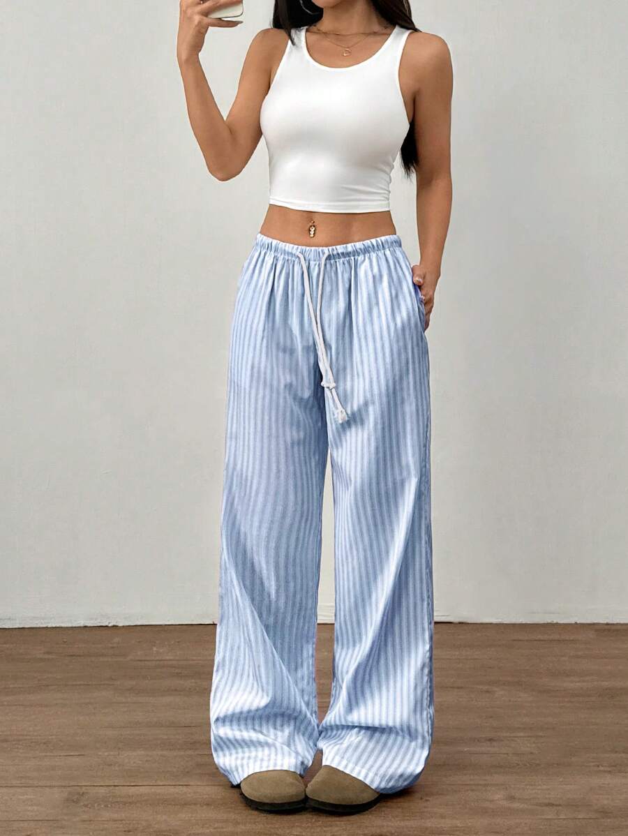 Flirla Pink Cotton Drawstring Waist Straight Leg Pants, Fashion Casual Home Wear For Women, Spring