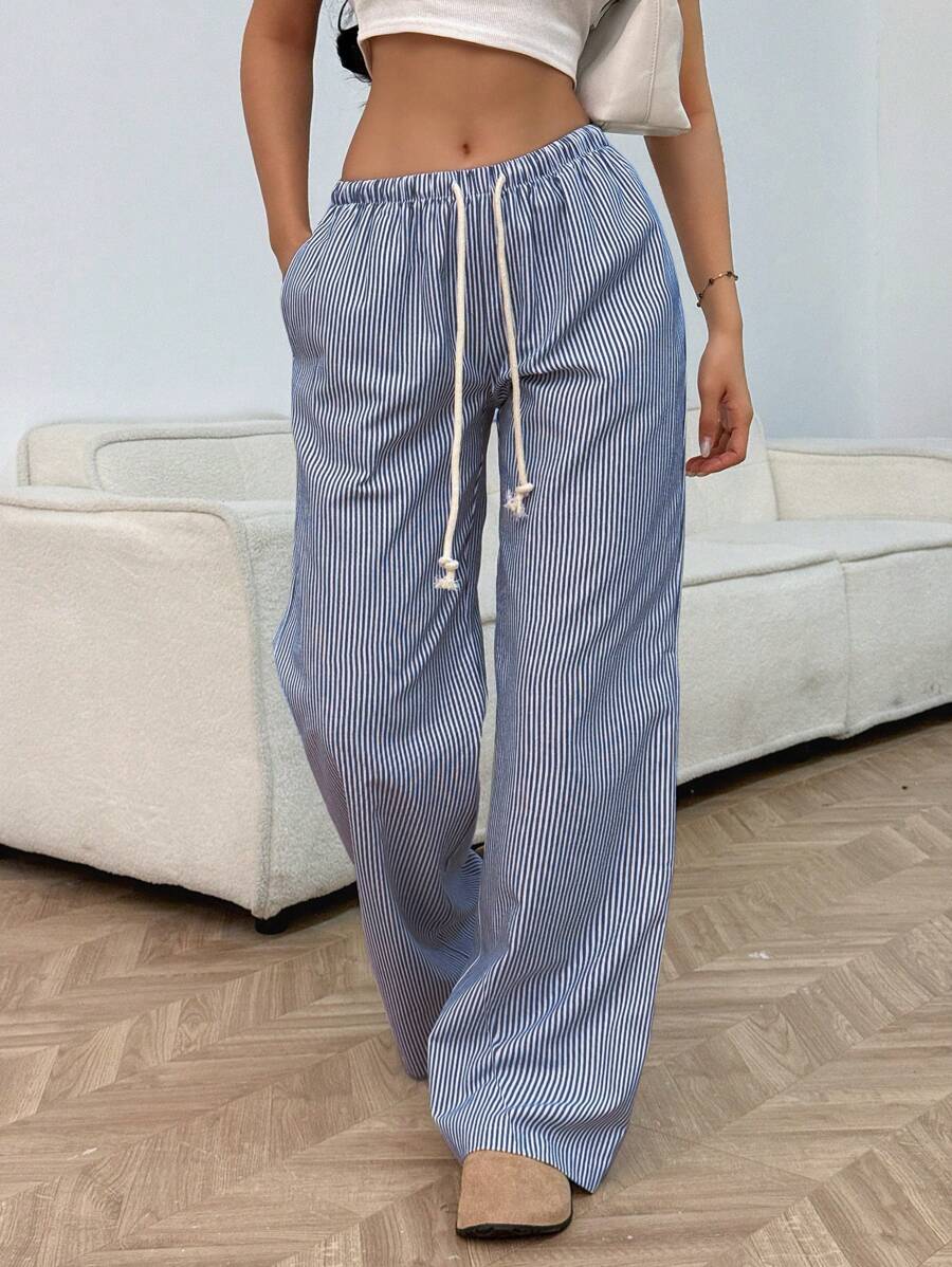 Flirla Pink Cotton Drawstring Waist Straight Leg Pants, Fashion Casual Home Wear For Women, Spring